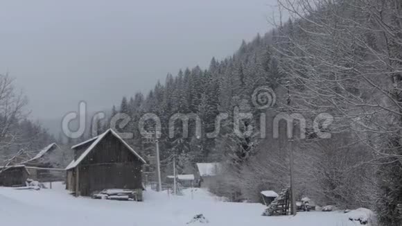 冬天喀尔巴阡山风景如画的村庄里飘落的雪花视频的预览图