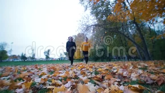 在秋天的公园里年轻的女性在镜头前奔跑视频的预览图