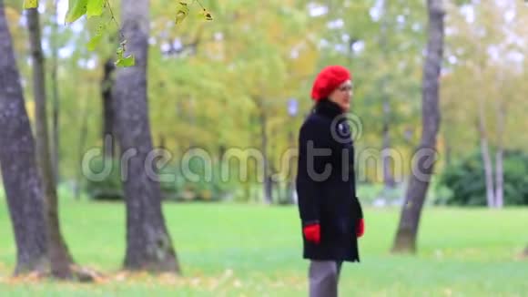 一个美丽的女人在秋天的公园散步和倒影视频的预览图