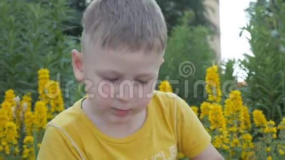 男孩在吃玉米芯孩子穿着黄色T恤背景是黄色的花有食欲的零食视频的预览图