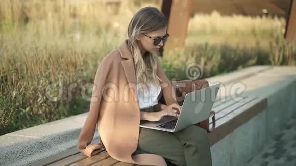 一位严肃的年轻女商人在秋日外面用她的笔记本电脑工作视频的预览图
