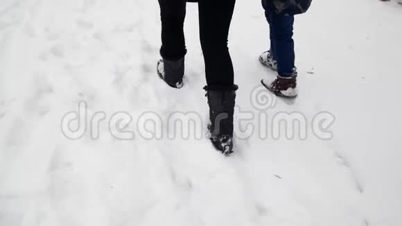 一名妇女和一名儿童在大雪覆盖的冬季公园里步行而去近距离拍摄了她的双脚视频的预览图