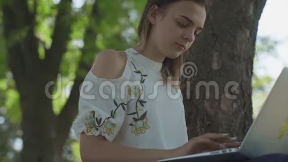 年轻女孩在户外点击笔记本电脑视频的预览图
