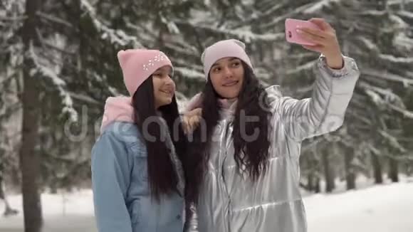 两个穿着冬装的年轻女友用智能手机在冬林背景下自拍视频的预览图