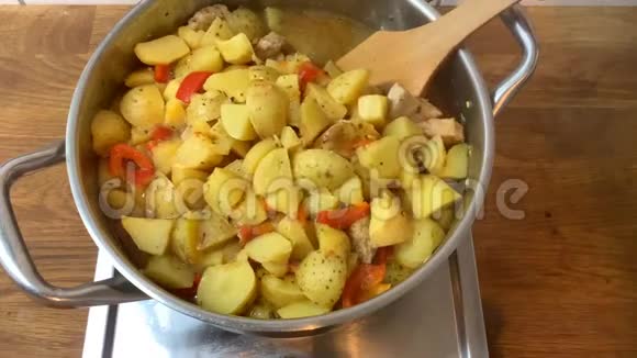 家庭主妇用木铲搅拌配料美味的传统艾托普夫菜里面有肉和蔬菜放在一个大金属锅里视频的预览图