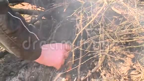 雄性手用纸和树枝点燃壁炉视频的预览图