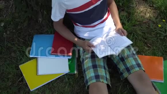 一个少年正坐在树旁的草地上看书视频的预览图