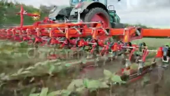 有机农业拖拉机犁除了平滑的向日葵芽中的杂草视频的预览图