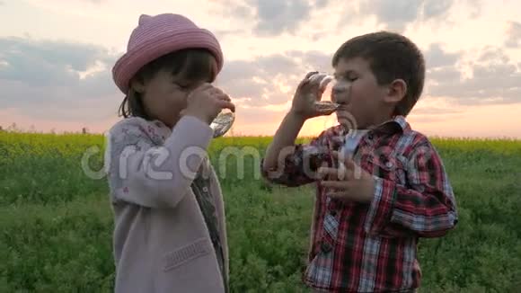 小可爱的孩子男孩和女孩喝水孩子们解渴孩子在日落时用手拿着玻璃干净的纯净水视频的预览图