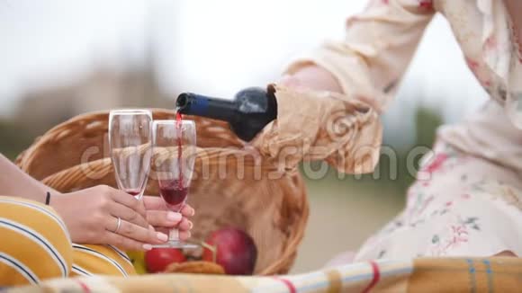 两个女人坐在毯子上把红酒倒在杯子里托斯卡纳视频的预览图