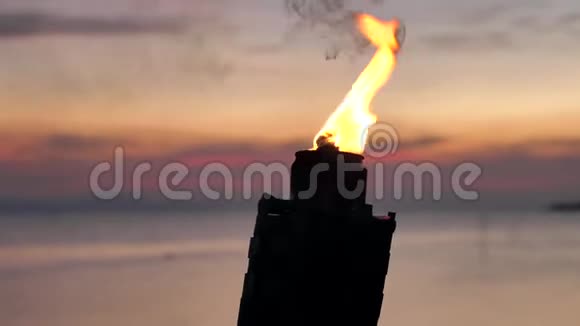 在日落的夜空燃烧火炬的火焰视频的预览图