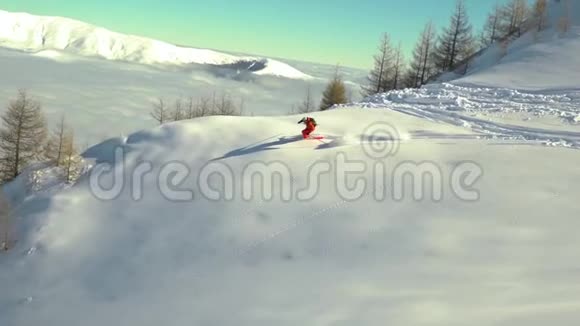 慢动作滑雪者雕刻透浓鲜粉雪在山上滑雪新鲜的粉末雪冬季运动斯基雕刻在视频的预览图