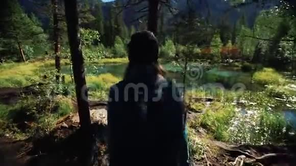 在阳光明媚的日子里带背包的年轻女游客正从森林里来到美丽的蓝山湖附近背面视频的预览图