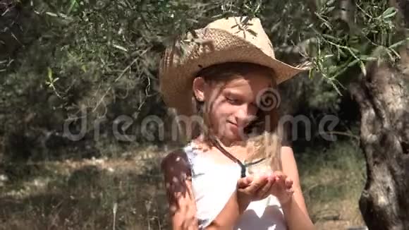 农家子弟在果园里学橄榄小女孩在树上玩耍4K视频的预览图