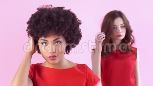 年轻女子工作室与粉红女子隔离一天接触头发视频的预览图