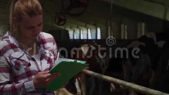 美丽的女孩正在查看有关奶牛的信息视频的预览图