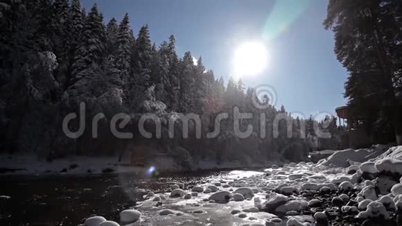 冬天的山河被树木和雪覆盖的河岸包围着视频的预览图