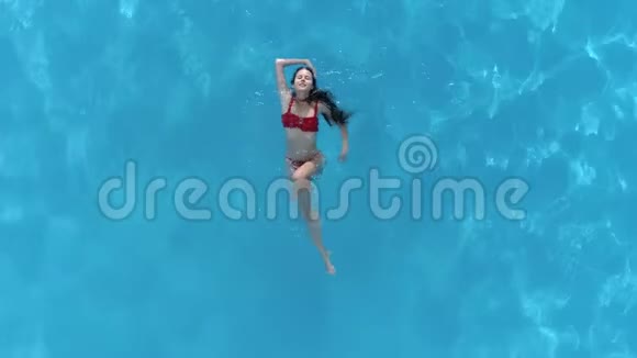 夏日泳池迷人的泳装女郎在蓝水中游泳视频的预览图