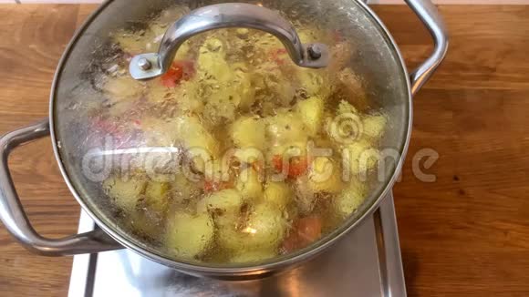 家庭主妇用木铲搅拌配料美味的传统艾托普夫菜里面有肉和蔬菜放在一个大金属锅里视频的预览图
