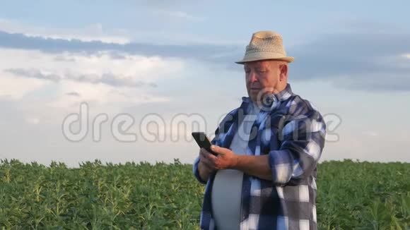 高级农民检查玉米质量并使用智能手机视频的预览图
