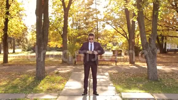 日落时分一位自信而成功的商人在秋天公园的肖像视频的预览图