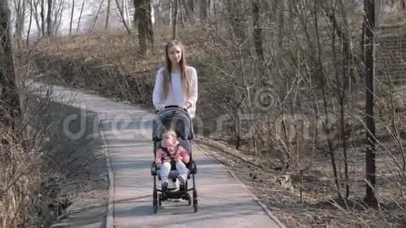 年轻的母亲和一个小女孩在公园的婴儿车里散步视频的预览图
