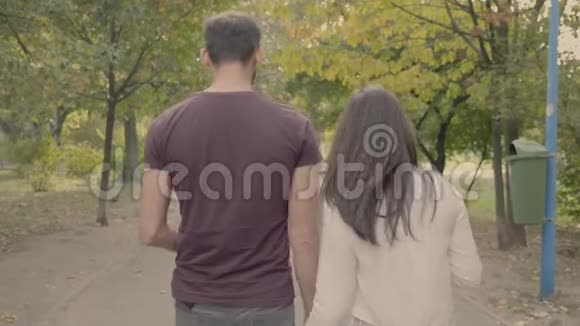 在公园散步的年轻夫妇的后视图视频的预览图