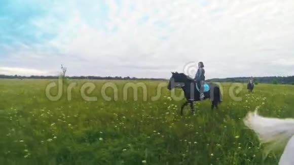 年轻妇女骑马在夏日的田野里散步视频的预览图