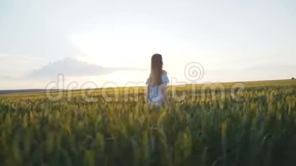 女孩在一个4K年轻的绿色田野里快速行走的背影视频的预览图