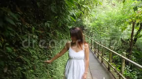 年轻的快乐混合种族女孩穿着白色连衣裙在丛林森林散步环顾四周触摸与手热带树叶冷静视频的预览图