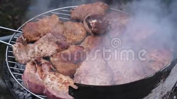 美味多汁的新鲜猪肉牛排在户外烧烤视频的预览图