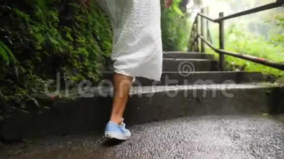 年轻的快乐混合种族女孩穿着白色连衣裙在丛林森林散步环顾四周触摸与手热带树叶冷静视频的预览图