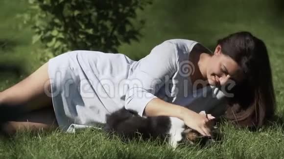 一个留着长发的小女孩在草地上的公园里和一只小狗玩耍白天在阳光下心情很好视频的预览图
