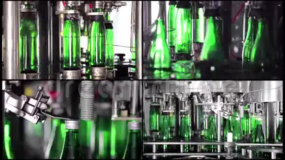 产水拼贴线绿色玻璃瓶沿着生产线自动移动并装满视频的预览图
