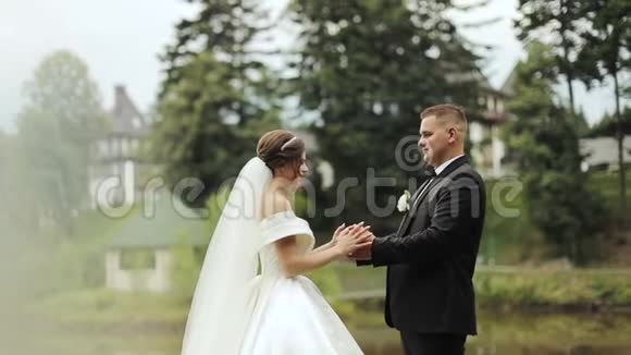 在公园散步的新婚夫妇感动和情感时刻视频的预览图