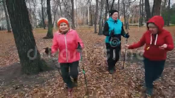 两名老年妇女用北欧的拐杖奔跑视频的预览图