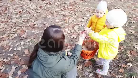 妈妈带着孩子在公园里收集秋天的树叶公园里有一个镶有秋天字样的白纸叶子花环视频的预览图