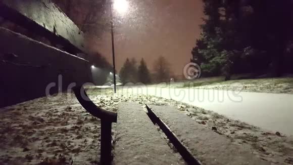 从长凳上俯瞰公园景色的雪夜视频的预览图