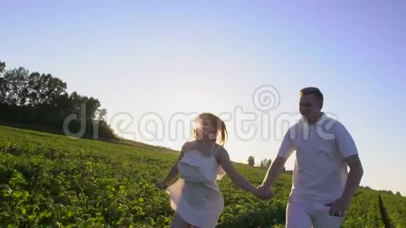 快乐浪漫的情侣在户外玩得很开心爱一对在草地上逃跑的夫妇年轻的男人和女人牵手视频的预览图