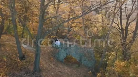 新婚夫妇可爱的新郎和新娘坐在森林里一座被摧毁的建筑物的遗骸上家庭幸福男子和妇女视频的预览图