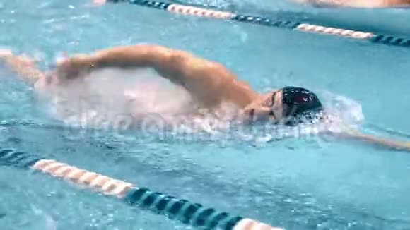 强壮的职业游泳运动员在训练中做爬泳和仰头呼吸视频的预览图