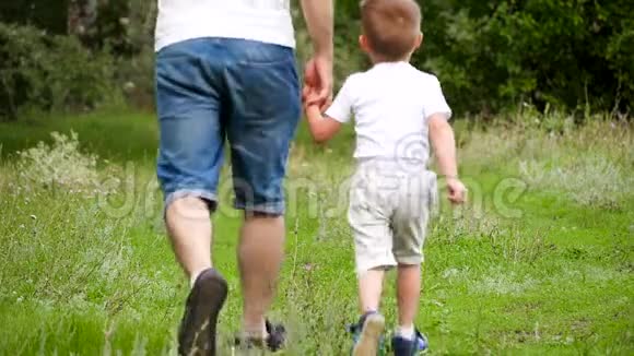 爸爸和他的儿子在公园的绿草中奔跑慢悠悠地牵着手视频的预览图
