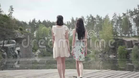 两个可爱的年轻女人穿着夏装站在岩石的顶部看着令人惊叹的自然景观漂亮女孩视频的预览图