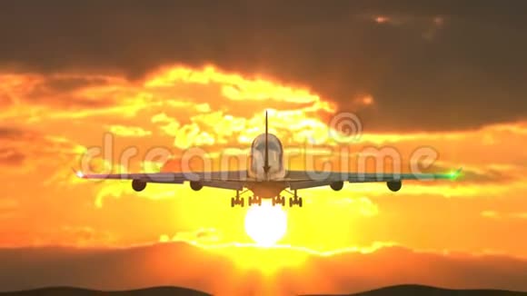 大型飞机靠相机拍摄的日落降落视频的预览图