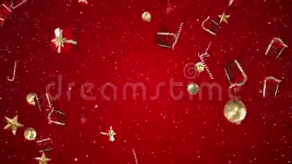 数字动画圣诞礼物和装饰落在红色背景下视频的预览图