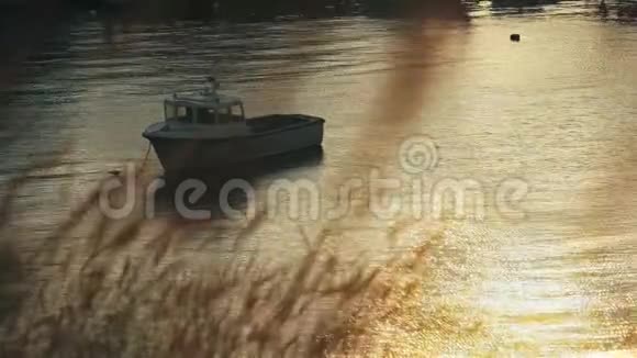 日落时停泊在海岸线附近的小船风在岸上吹草反射水光视频的预览图