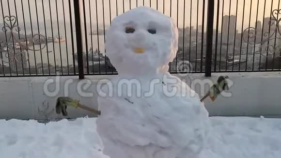 金属栅栏背景上的雪的身影视频的预览图