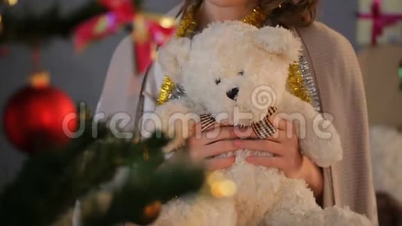 小女孩带着玩具熊站在寄宿学校装饰的杉树旁视频的预览图