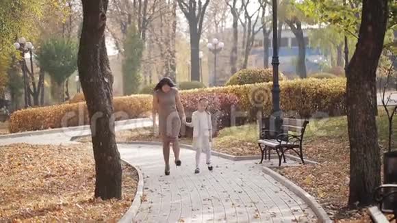 妈妈和女儿正沿着一条布满秋黄树叶的大道走着一家人在城市公园散步视频的预览图
