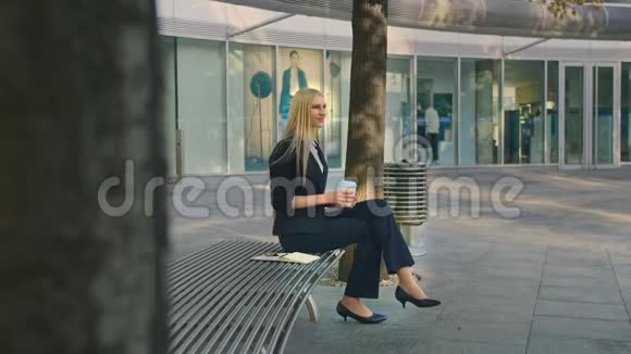 商务女性打电话用手挥手优雅的现代女人坐在长凳上手挽手挥手视频的预览图